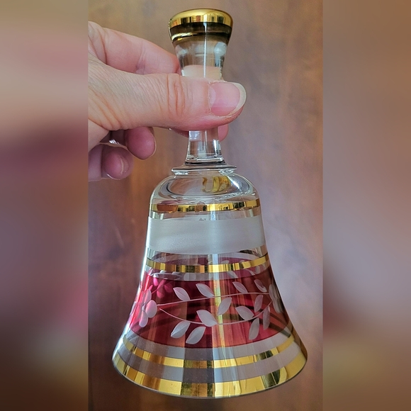 Vintage Bohemia Czech 6” Cut To Clear Crystal Ruby Red Bell Gold Trim MINT - Picture 2 of 5